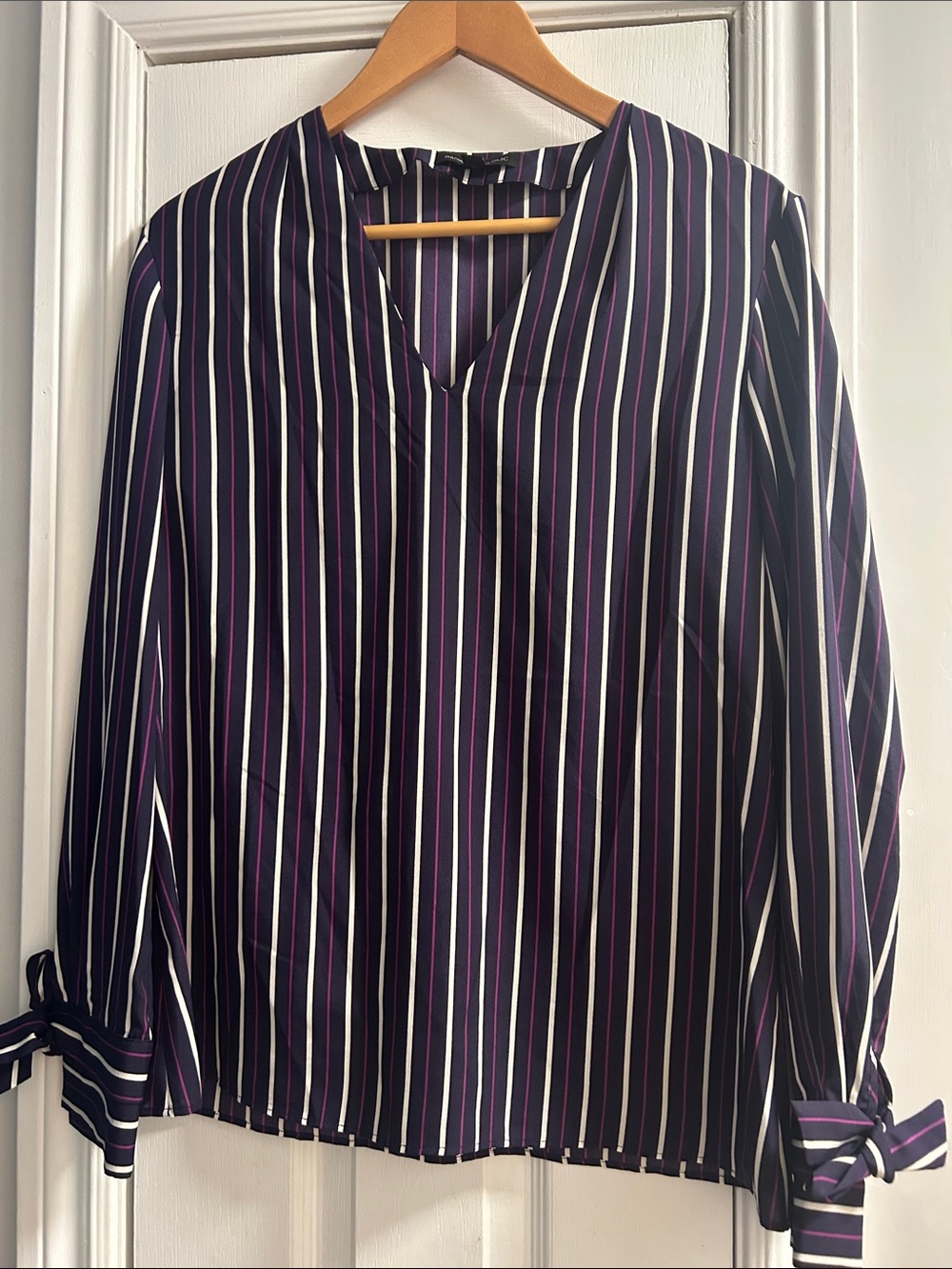 Banana Republic Navy Striped V-Neck Blouse with White & Purple Stripes